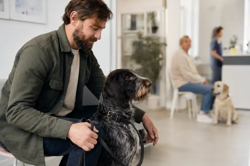 Ein Italienischer Rauhhaariger Vorstehhund sitzt ruhig neben seinem Besitzer im hellen Wartezimmer einer modernen Tierarztpraxis.